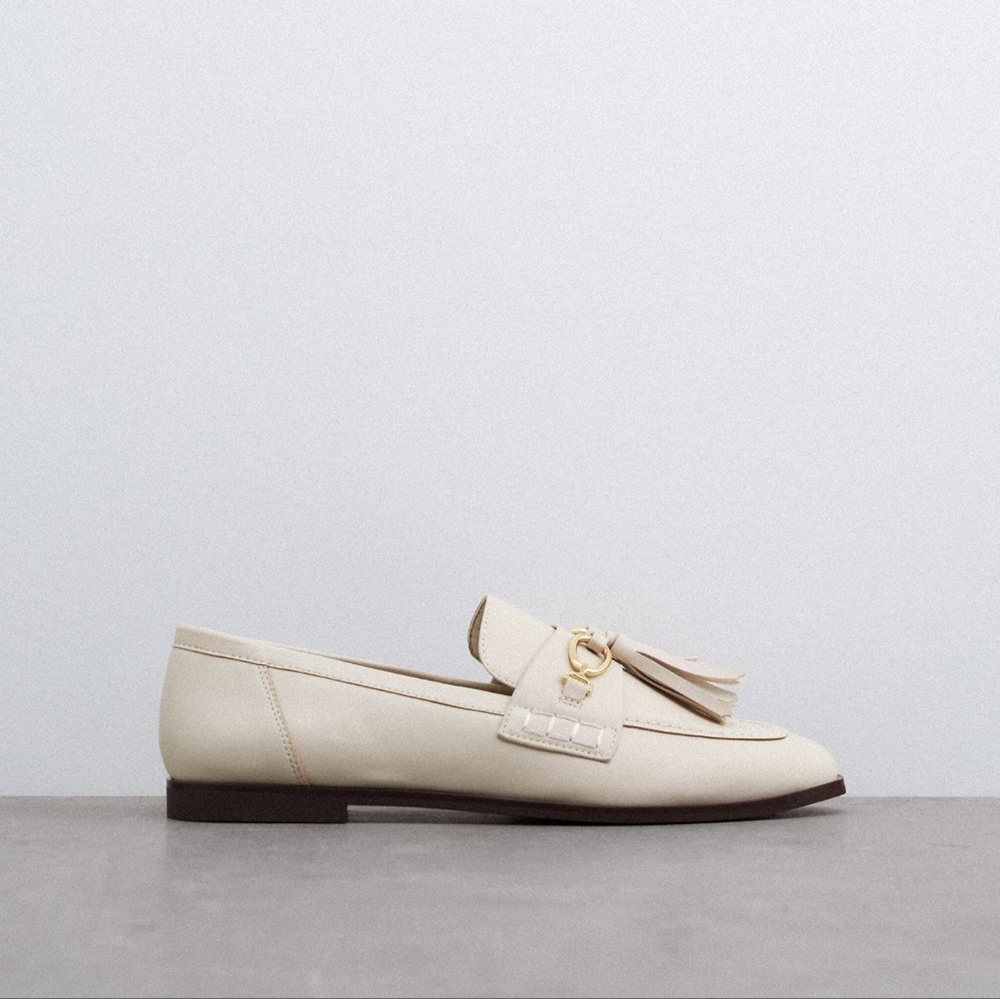 Zara Flat Tassel Loafers Off White 7.5
